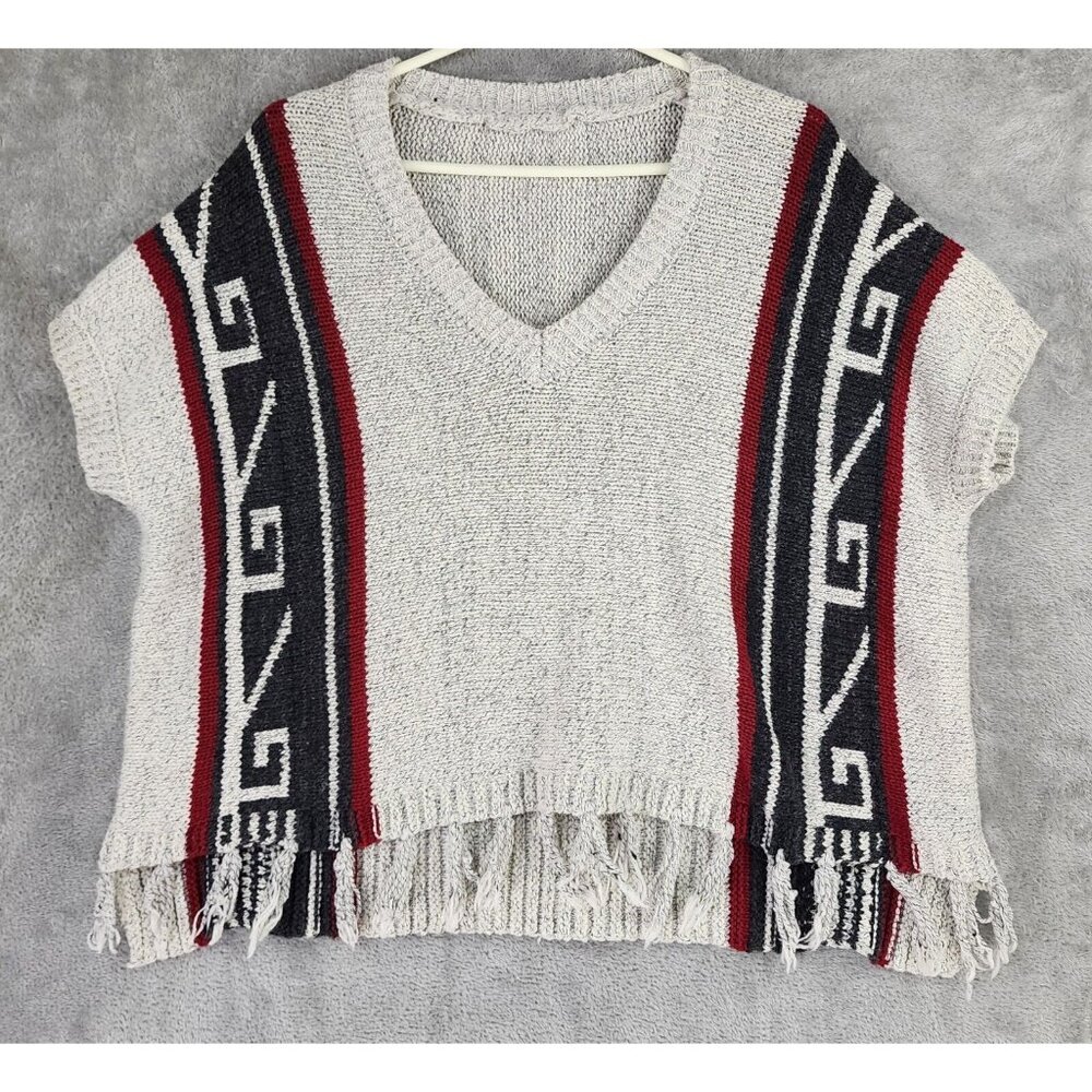 Womens Sweater Large Gray Aztec Southwestern Fringed Short Sleeve Poncho